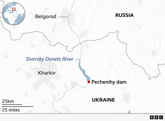 Map of Kharkiv, the Russia Ukraine border, marking the location of the Pechenihy dam on the Siversky-Donets River to the east of Kharkiv city