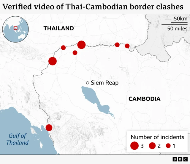 A map showing strikes on the Thai-Cambodian border, most of them are in the north, with some in the south