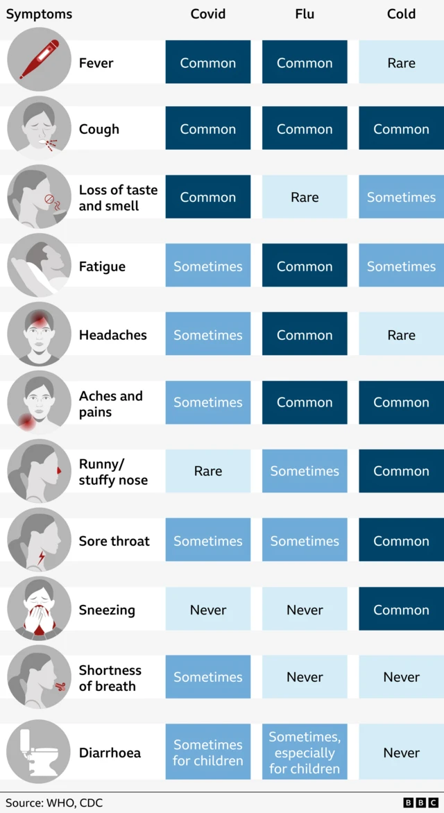 A table shows which symptoms are common or rare for Covid, the flu or a cold