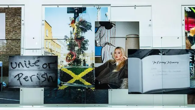 A series of Rene Matic's photographs on the gallery wall including a young woman, a floral tribute with a Jamaican flag, graffiti reading "unite or perish" and a book of condolence