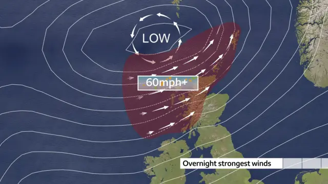 The overnight strongest winds of 60mph are seen hovering over Scotland's north west, before they move off into the ocean.
