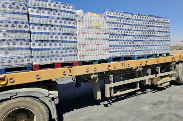 A truck loaded with aid is seen at the Kerem Shalom crossing
