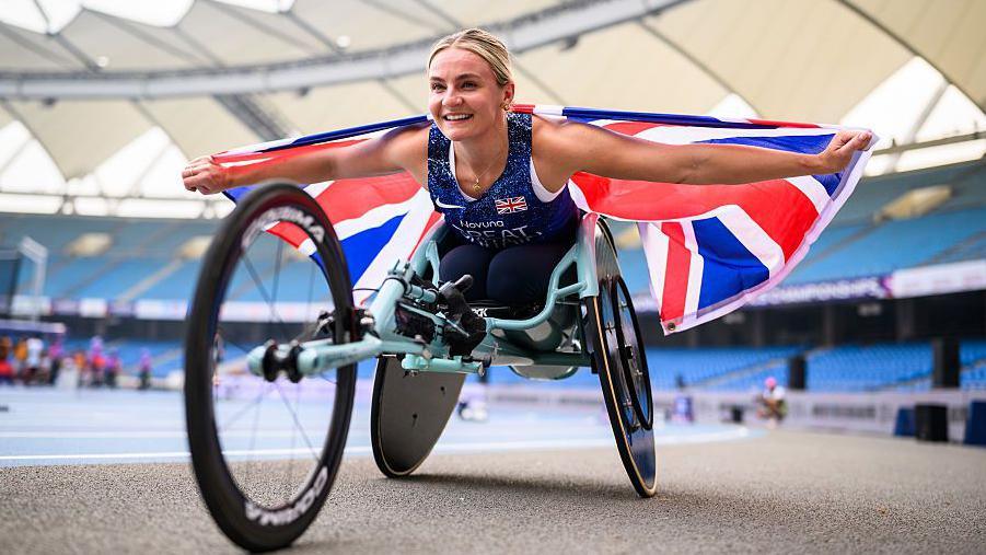 Bronze Medalist Melanie Woods of Great Britain celebrates after the Women's 1500m T54 Final at day five of the World Para Athletics Championships
