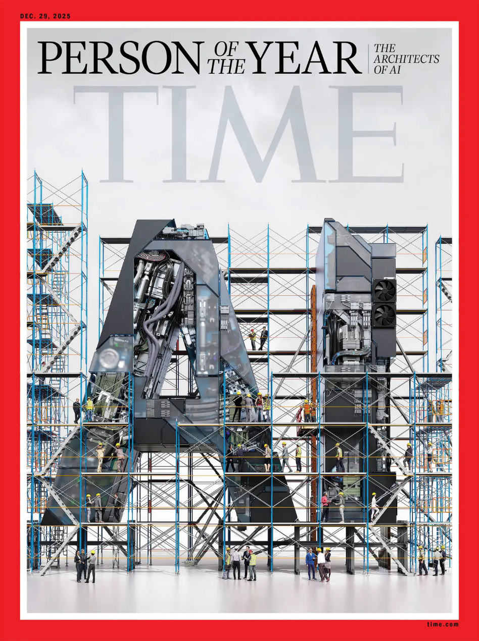 The other Time cover shows the letters AI, with construction workers surrounding it. It is as if they are building a giant statue of the letters out of computer parts.