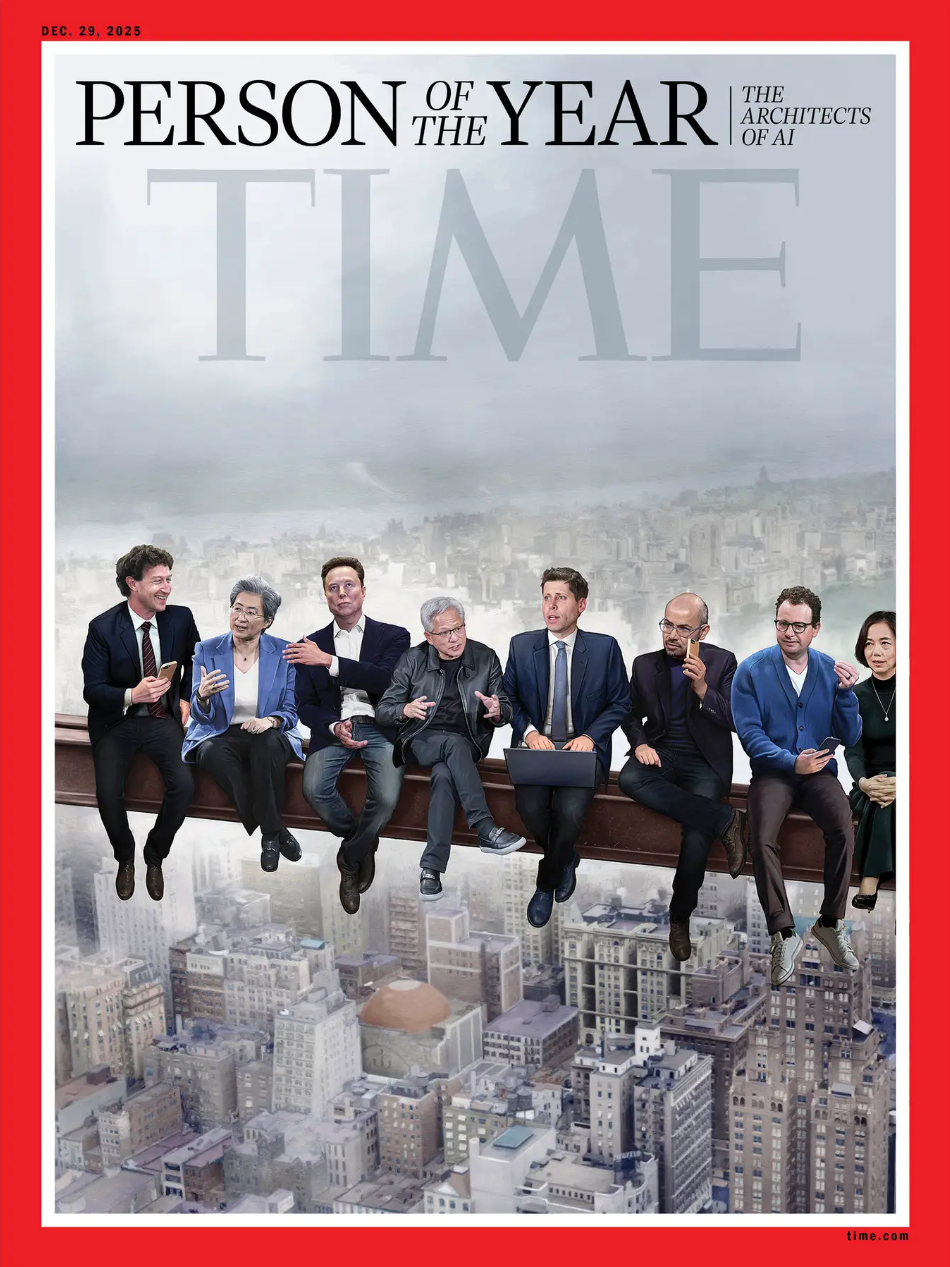 Eight people in suits sitting on a girder with a cityscape behind them.