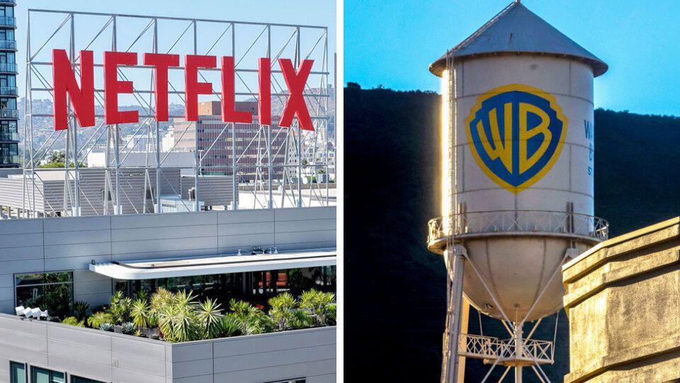 On the left, a large red NETFLIX sign sits on top of a building. On the right is the iconic Warner Bros water tower with the gold and blue shield logo of the company.