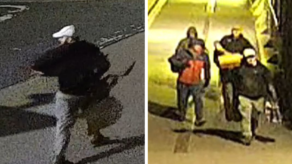 Two CCTV images places side by side. One is a man in a dark jacket, grey trousers and white hat and carrying a bag. The second is a group of all four males in the street, they all have hats or their hoods up. All are carrying bags.
