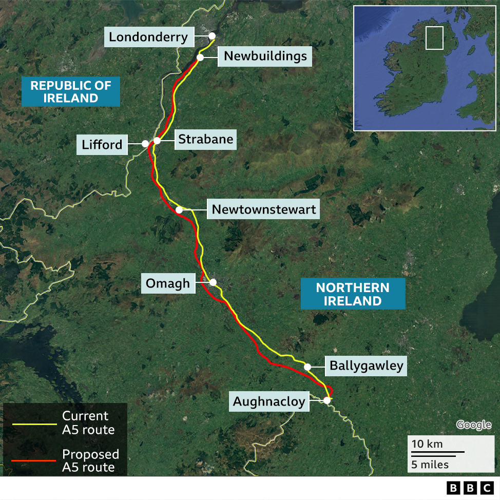 A5 graphic showing current route and proposed new route. The map shows the stretch of road from Londonderry to Aughnacloy.