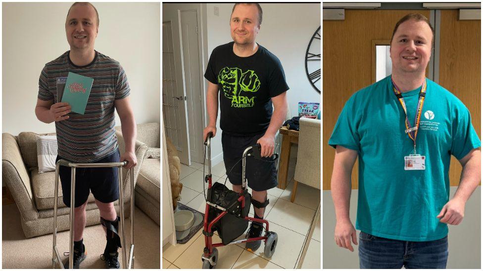 three pictures of david. One he is standing holding a zimmer frame. Another he is holding a frame withe wheels. A third picture shows him standing on his own in a hospital volunteer shirt