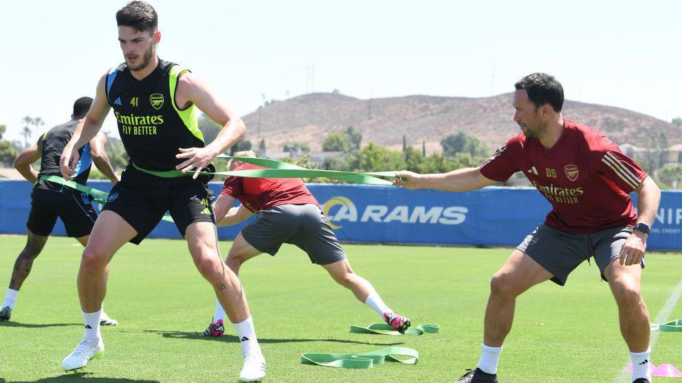Declan Rice training with his Arsenal team-mates at the Los Angeles Rams training facility in 2023