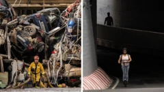 Composición de dos imágenes separadas. En una, un miembro del cuerpo de bomberos, vestido con un uniforme amarillo y casco rojo, que forma parte de una unidad de búsqueda y rescate, camina delante de un montón de escombros y carros que bloquean por completo un túnel. En la otra imagen, se ve el mismo túnel. pero despejad. Por él, una mujer conduce su scooter eléctrico, vestida con pantalón vaquero, camiseta de manga corta, mochila y casco.