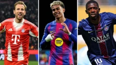 Three-way split image showing Harry Kane, Lamine Yamal and Ousmane Dembele