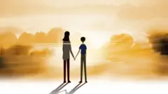 කාන්තාවක සහ පිරිමි පුද්ගලයෙකු අපට පිටුපගෙන අත්වැල් බැඳගෙන සිටින අතර එහි පසුබිමෙහි දැක්වෙන්නේ අහස සහ ජලය පසුබිමේ දැක්වෙන ඡායාරූපැයකි.