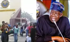 Awọn akẹkọọ n rin niwaju fasiti UNILAG niluu Eko, Aar��� Bola Tinubu wọ aṣọ buba pupa pẹlu fila