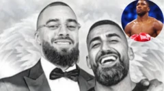 Latif Ayodele àti Sani Ghami ń rẹ́rìnín, àwòrán Anthony Joshua wà lókè