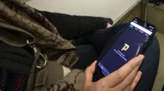 دست مردی که در اتبوس نشسته گوشی تلفن را که روی زانویش قرار دارد گرفته است. روی گوشی اپ سایفون باز است.