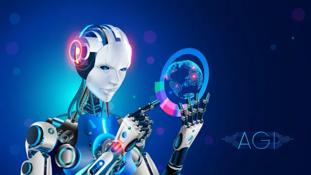 صورة توضيحية لروبوت على هيئة إنسان يمسك بيده جهاز عرض عليه صورة رقمية لكوكب الأرض