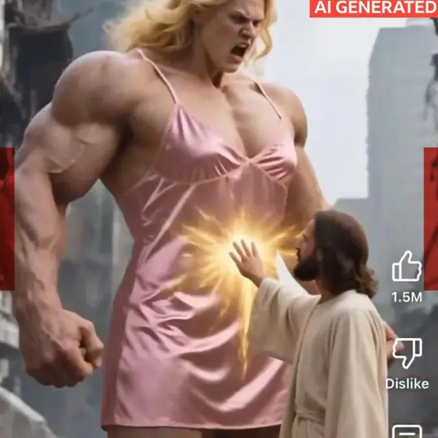 一张由 AI 生成的图片:一名巨大且肌肉发达的角色身穿粉红色洋装;一个看起来像耶稣的身影正触碰其腹部