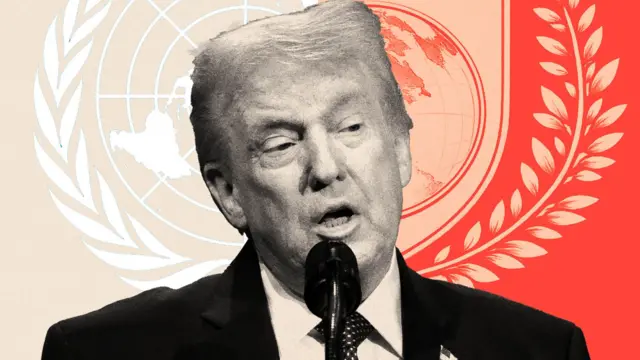 合成图:画面呈现特朗普、联合国标志以及和平委员会徽章