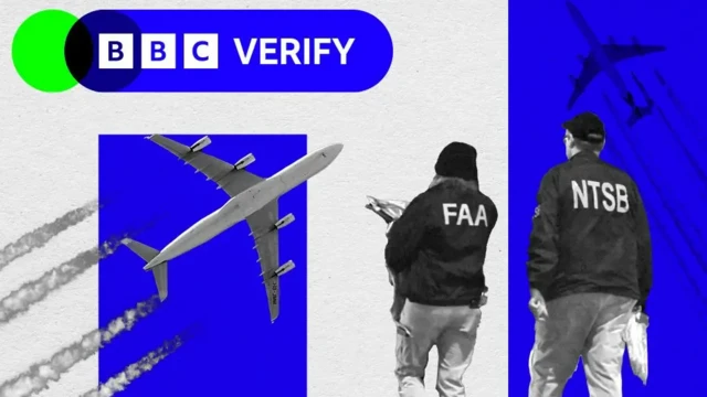 تصویرسازی از بیبیسی وریفای. دو هواپیما در حال پرواز، دو مرد از پشت سر در تصویر دیده میشوند