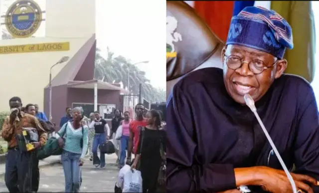 Awọn akẹkọọ n rin niwaju fasiti UNILAG niluu Eko, Aarẹ Bola Tinubu wọ aṣọ buba pupa pẹlu fila