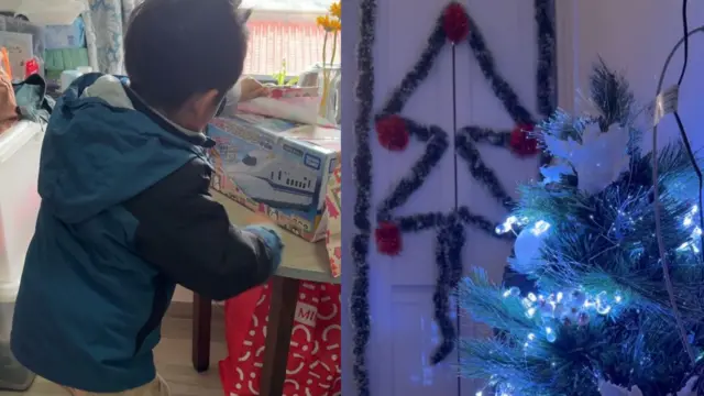 受灾户陈先生送了一架日本玩具车给大儿子(左);另有受灾居民尝试在安置单位内,亲手布置圣诞装饰(右)