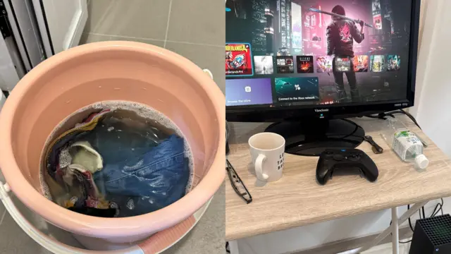 未有洗衣机时,黎先生须手洗衣服(左);宏志阁解封后,黎先生取回一台XBOX游戏机(右)