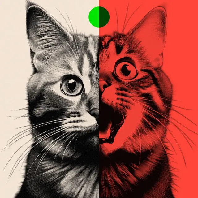 A treated image of a cat - one half is real, and the other is AI-generated