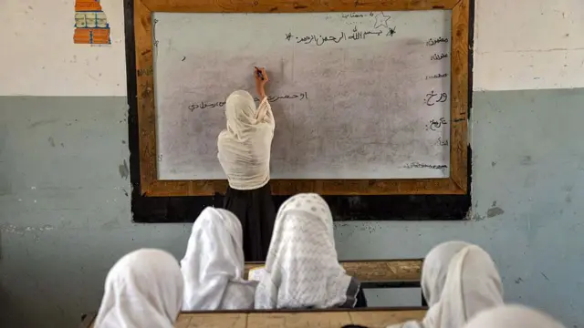 په ټولګي کې یوه نجلۍ پر سپينه تخته لیکل کوي او لاندې پر څوکیو نور ټولیګوال د ښوونځي په کالیو کې ورته ناستې دي.