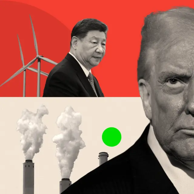 一张拼贴图片,呈现习近平、风力发电机,以及唐纳德·特朗普(BBC/Getty Images)