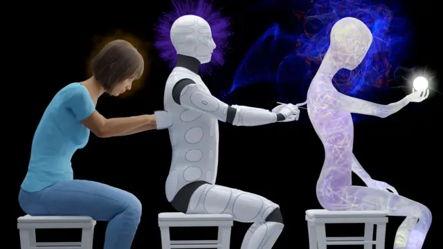 صورة توضيحية لفكرة تطور الذكاء الاصطناعي تظهر البشر (ممثلين في امرأة) يخترعون الذكاء العام الاصطناعي الذي يخترع بدوره الذكاء الاصطناعي الفائق