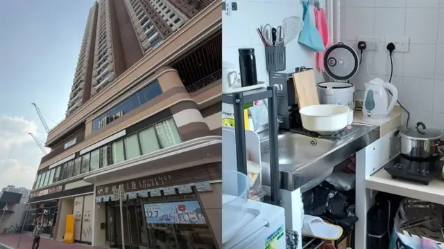 在元朗洪水桥过渡性房屋“乐翘楼”(左),单位内的厨房(右),有受灾居民说部分物资由义工捐赠,部分属自购。