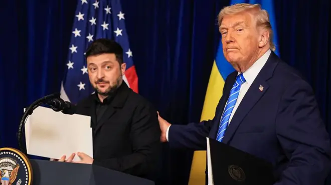 U.S. President Donald Trump and Ukrainian President Volodymyr Zelensky leave a press conference following their meeting at Trump’s Mar-a-Lago club