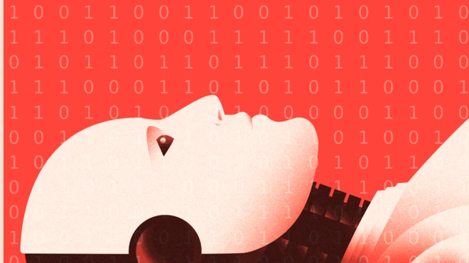 一个机器人仰躺着凝视上方,背景是二进码。