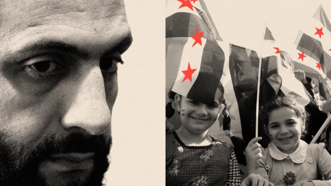 احمد شرع در چپ تصویر - دختران سوری در راست تصویر پرچم سوریه به دست دارند