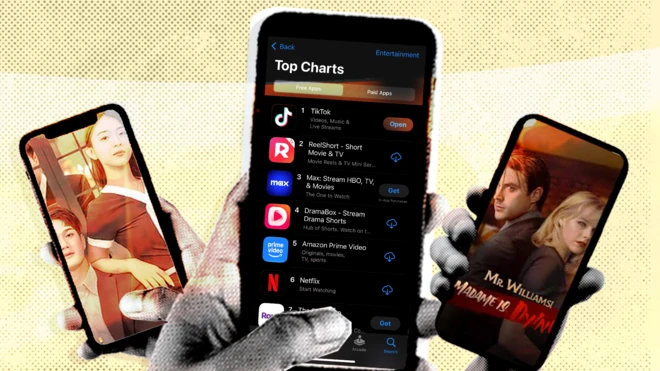 三只手各自拿着一部智慧型手机。左侧与右侧的手机萤幕显示着男女主角主演的微短剧宣传画面;中间的手机萤幕则显示 App Store 上七款最常下载的娱乐应用程式图示。