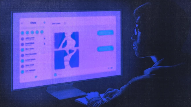 一名男子正在使用电脑与女性对话、使其传送性影像。