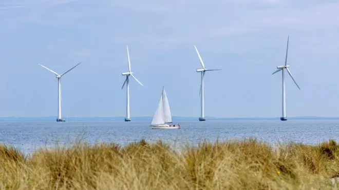 قایق بادبانی از نزدیکی مزرعهای از توربینهای باد عبور میکند