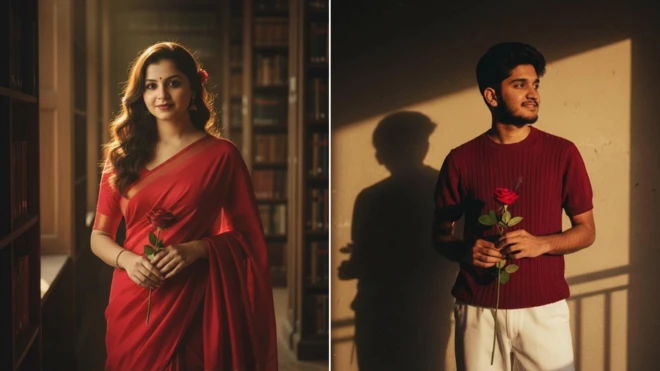 Ai generated images: a man and a woman wearing red outfits while holding a red rose.