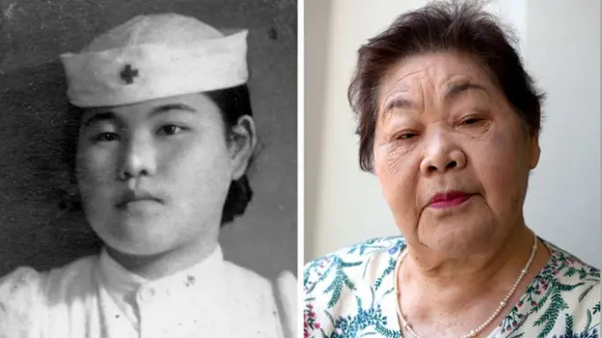 廣島原爆幾年之後,在廣島紅十字會醫院當護士的上野照子(左),和2015年的照子。