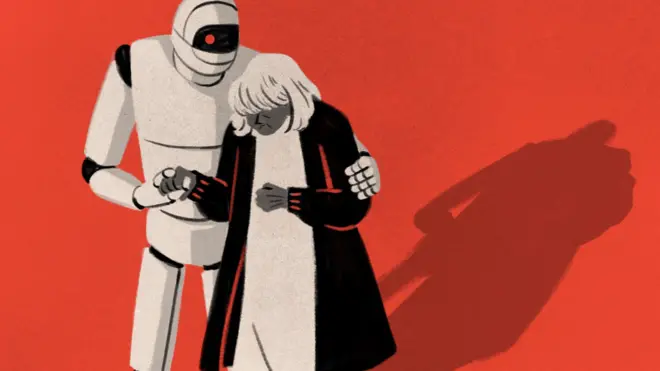 一张机器人的素描图,它的手臂搂着一个人。