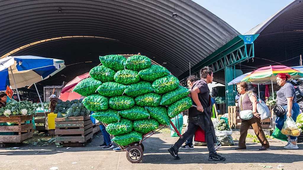 A busy scene in Central de Abasto, with people inspecting the produce