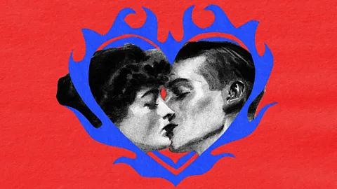 A collage with a man and woman kissing inside a blue heart which looks like it's been made of flames, against a red background (Credit: Serenity Strull/ Getty Images)
