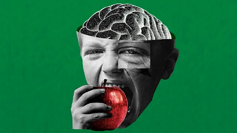 A photo collage of a boy taking a bite of a red apple, with a brain protruding from the top of his head (Credit: Serenity Strull/ BBC)