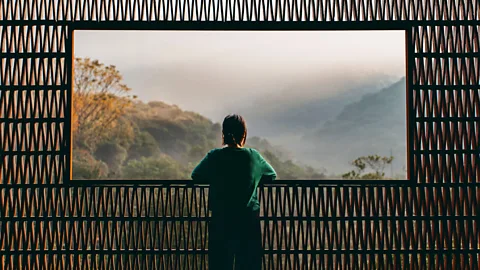 Person looking out of large window onto misty mountain scenery (Credit: Getty Images)