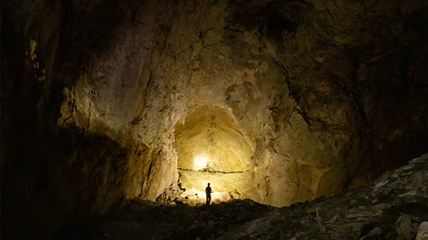 Silhouetted researchers Erik Trampe and Nadia Nord stand inside the Carlsbad Caverns, New Mexico (Credit: Lars Behrendt)