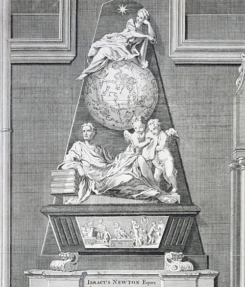 The Newton memorial at Westminster Abbey, which reads: "Here lies that which was mortal of Isaac Newton":