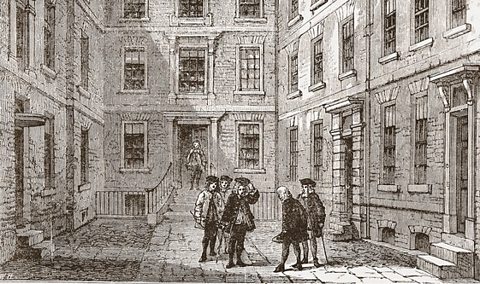 Illustration of Crane Court, a newly formed organisation for men of learning to discuss their ideas.