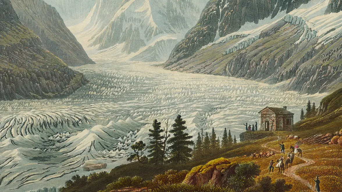Mer de Glace, painted in 1826 from a similar location as the Ruskin photograph (Credit: Samuel Birmann/ Swiss National Library)