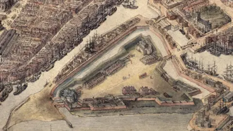 Hull History Centre A bird's-eye map-style drawing of a moated, triangular fortress, with brick walls surrounding a large grass parade ground. A number of brick buildings can be seen within the fortress, as well as two medieval, castle-style structures. A river runs to the west of the fortress, separating it from a large town with many buildings. The river is cluttered with ships. A dock can be seen to the east of the fortress, with more ships.